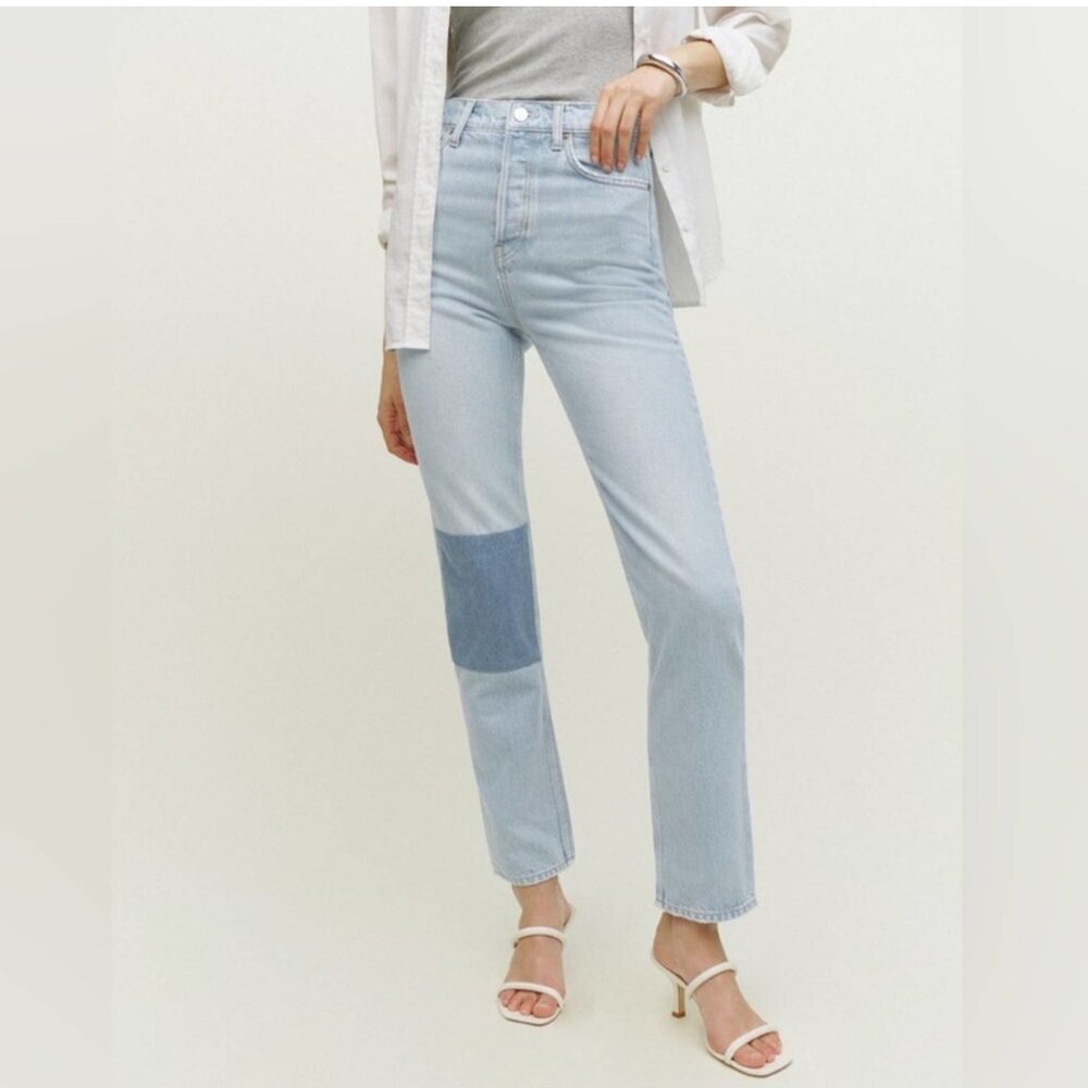 Reformation Cynthia High Rise Straight Leg Patch Jeans Tahoe Light Wash 26 - Picture 14 of 16
